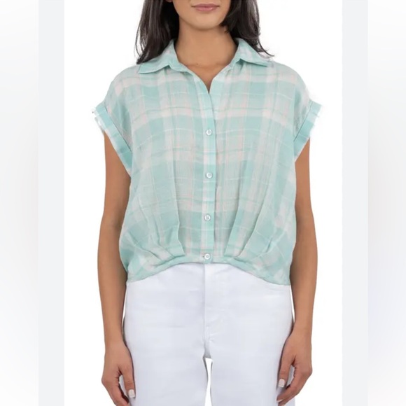 KUT from Kloth Gaia Pleat Hem Short Sleeve Button-up Top In Olive Size MD Rt $79 - Picture 4 of 4